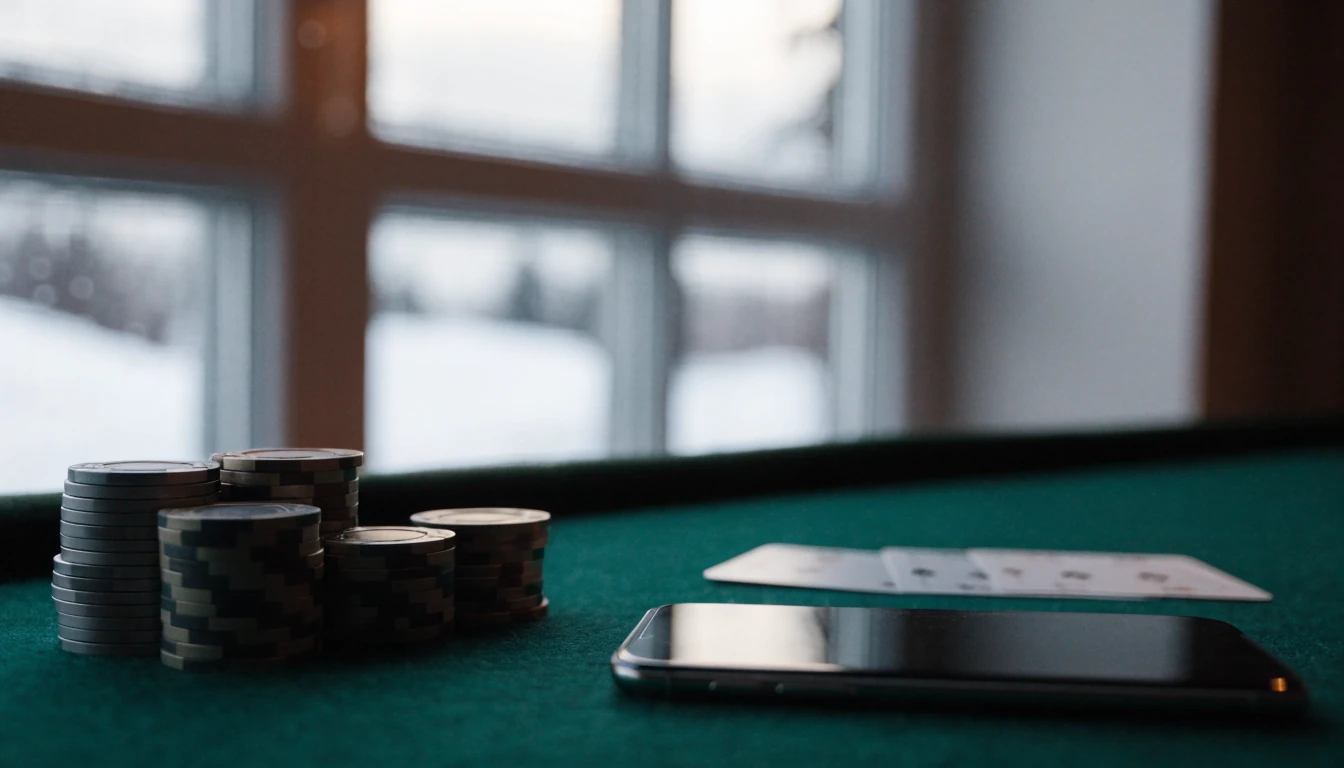 Casinobord med marker, spelkort och en smartphone som symbol för mobilbetalning