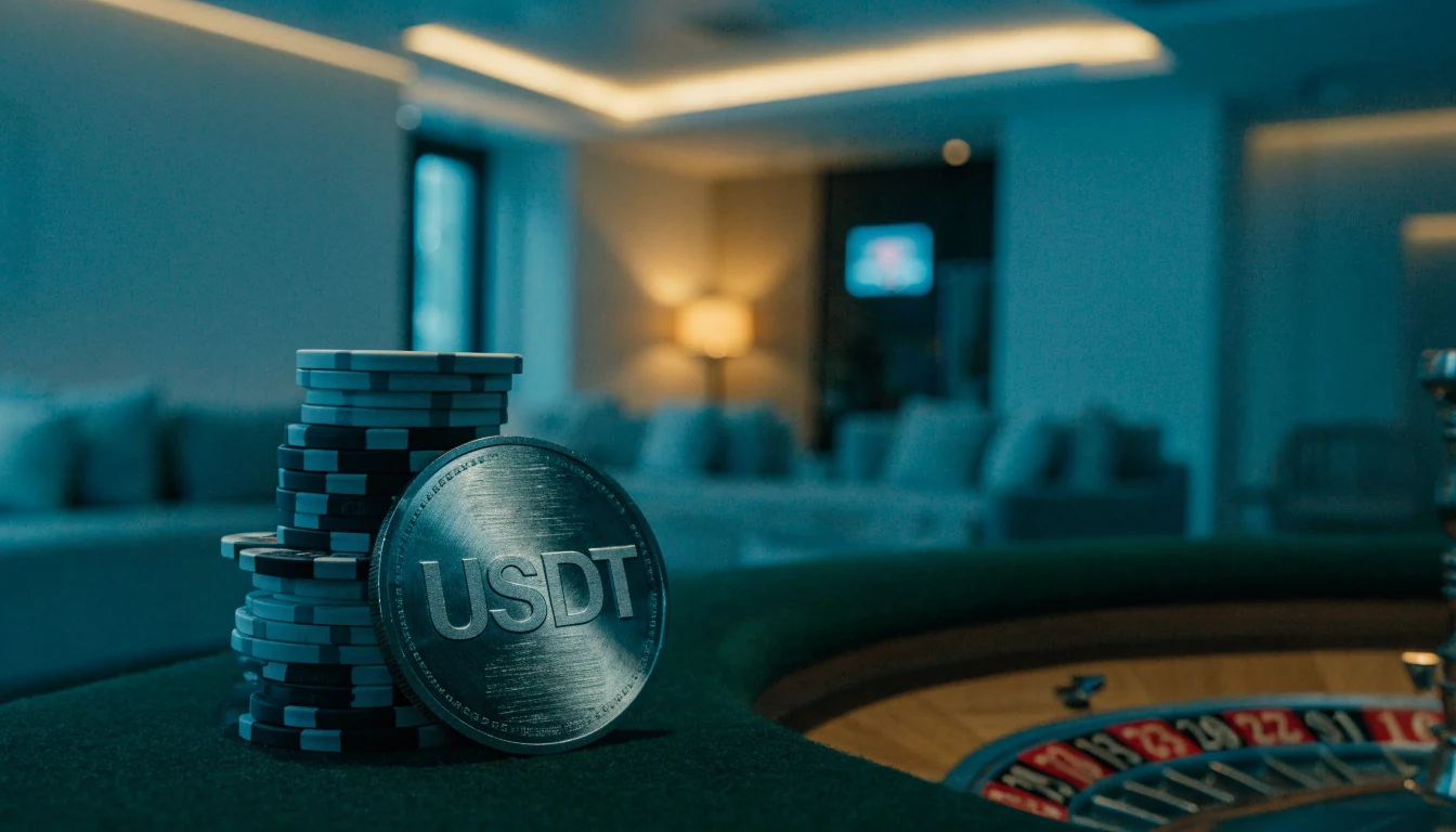 Mörkt casinobord med marker, roulettehjul och en Tether-mynt i blå-guld belysning