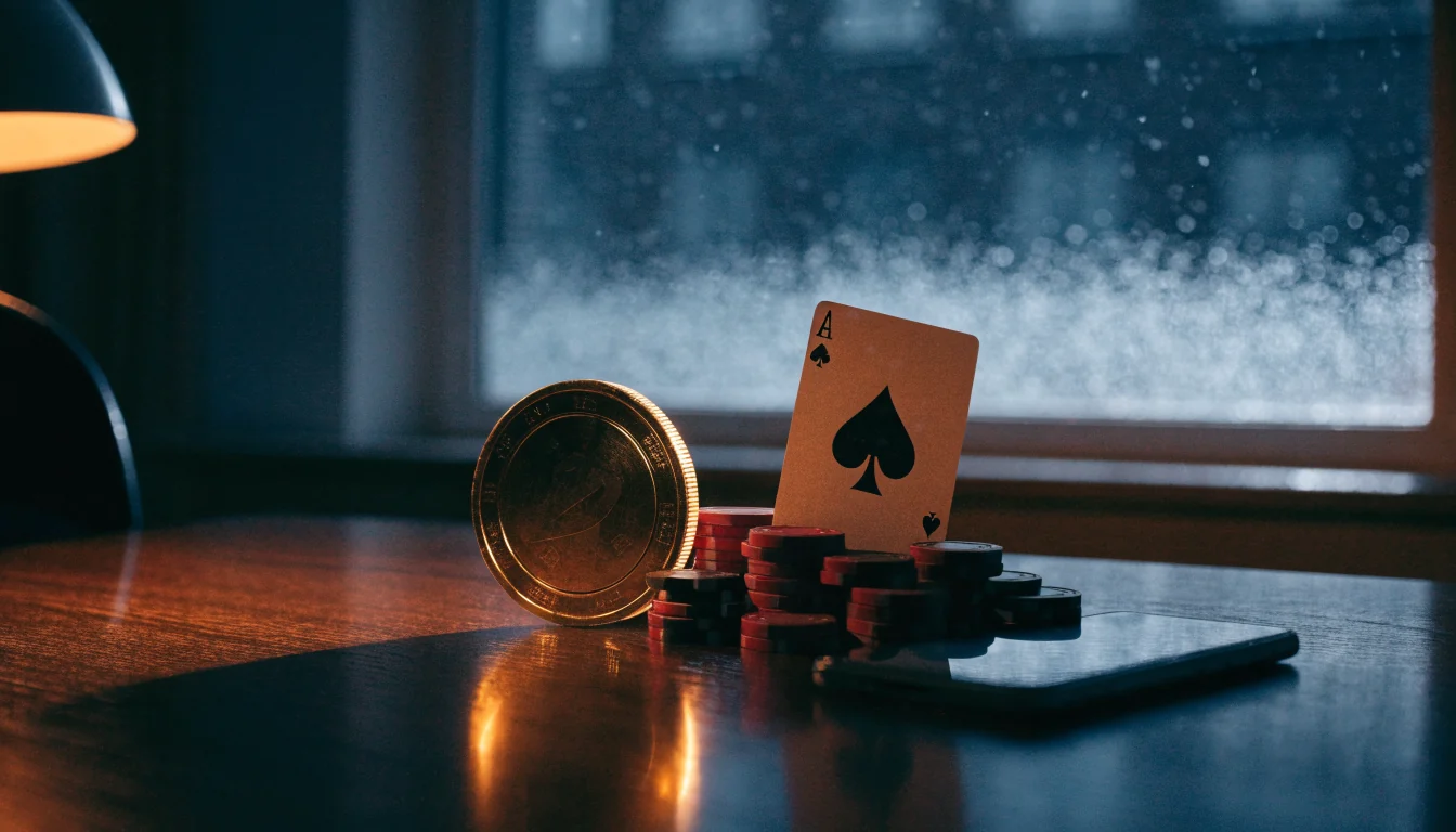 Guldkryptomynt, casinofigurer och mörk skandinavisk atmosfär