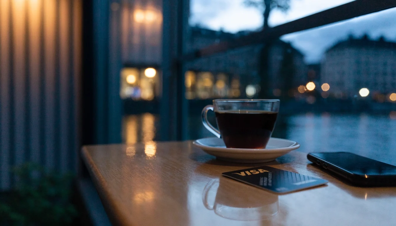 Visakort på ett träbord bredvid en kaffekopp med Stockholms kvällsljus i bakgrunden