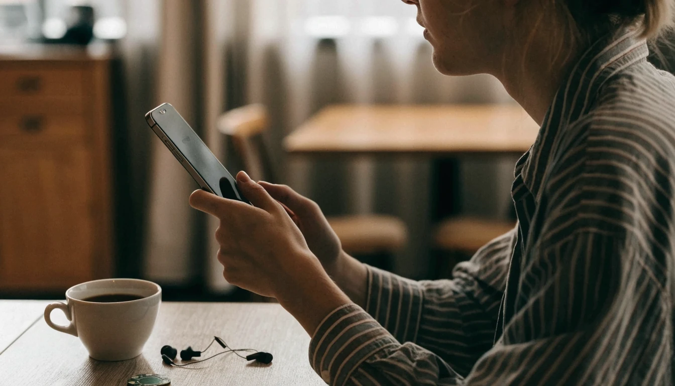 Person med Android-telefon på ett kafé i Stockholm