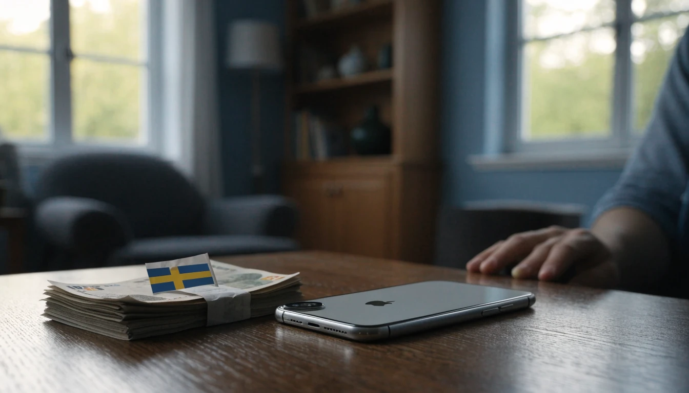 iPhone på bordet med svenska kronor och en svensk flagga