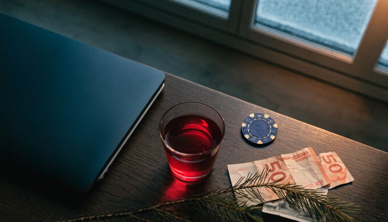 Stilleben med stängd laptop, casinoleverans och svenska kronor på ett nordiskt skrivbord