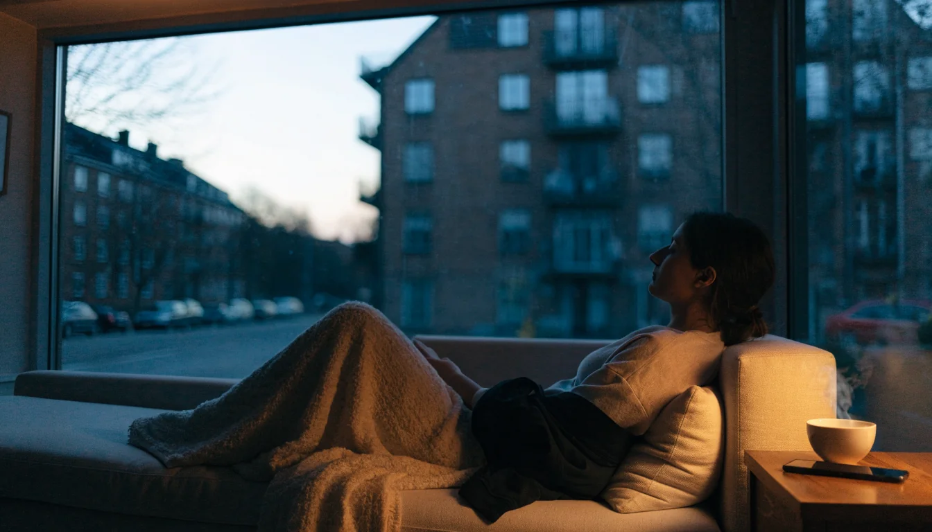 Person som kopplar av hemma med mobiltelefonen vänd nedåt