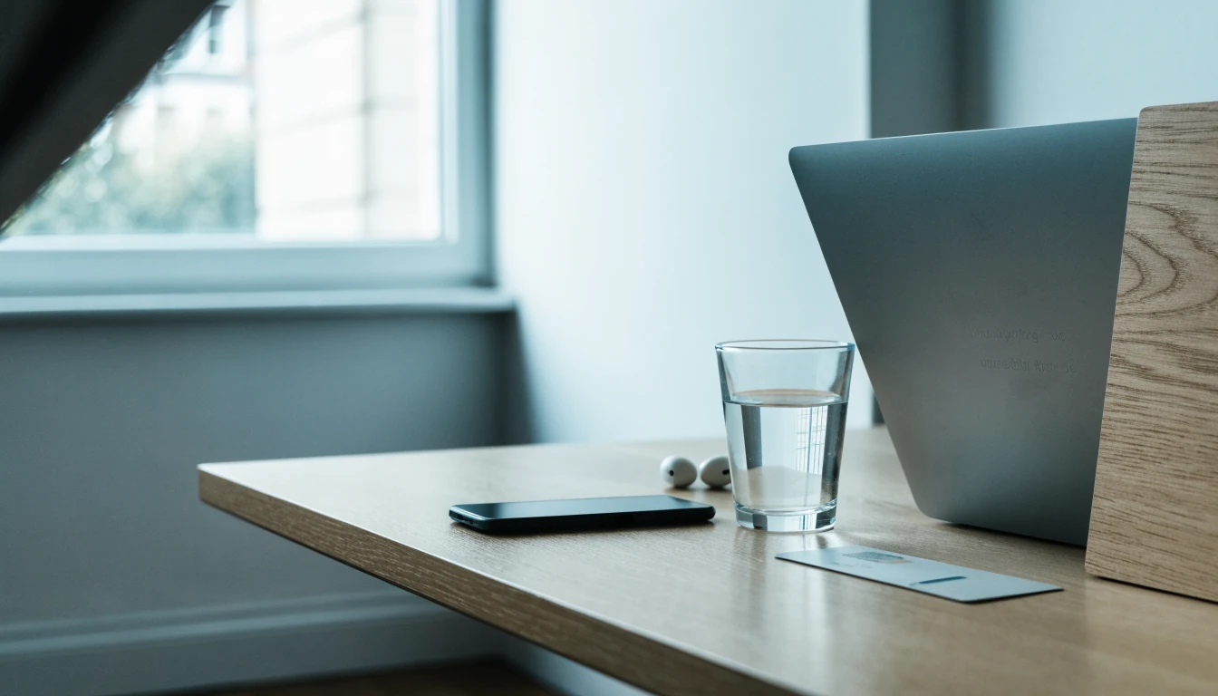 Modern skandinavisk skrivbord med dold telefon och laptop bredvid bankkort