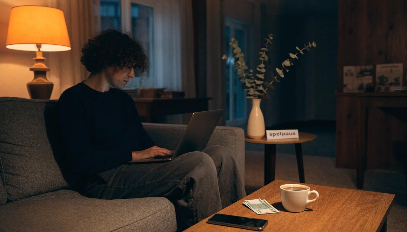 Person i svenskt vardagsrum med stängd laptop och Spelpaus-broschyr