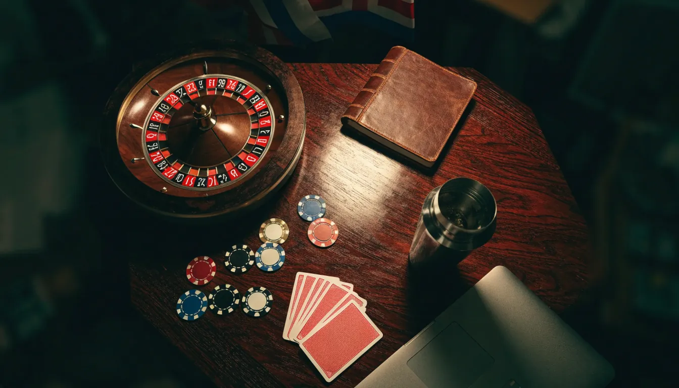 Roulette, kort och marker på ett mörkt skrivbord