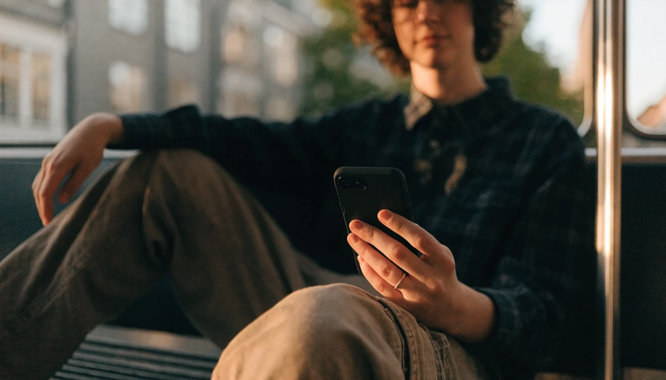 Person som håller en smartphone i vardagen på en bänk utomhus i Sverige.