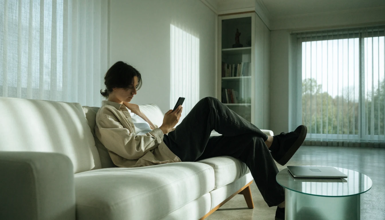 Svensk person med smartphone i minimalistiskt vardagsrum, BankID och smidig betalning