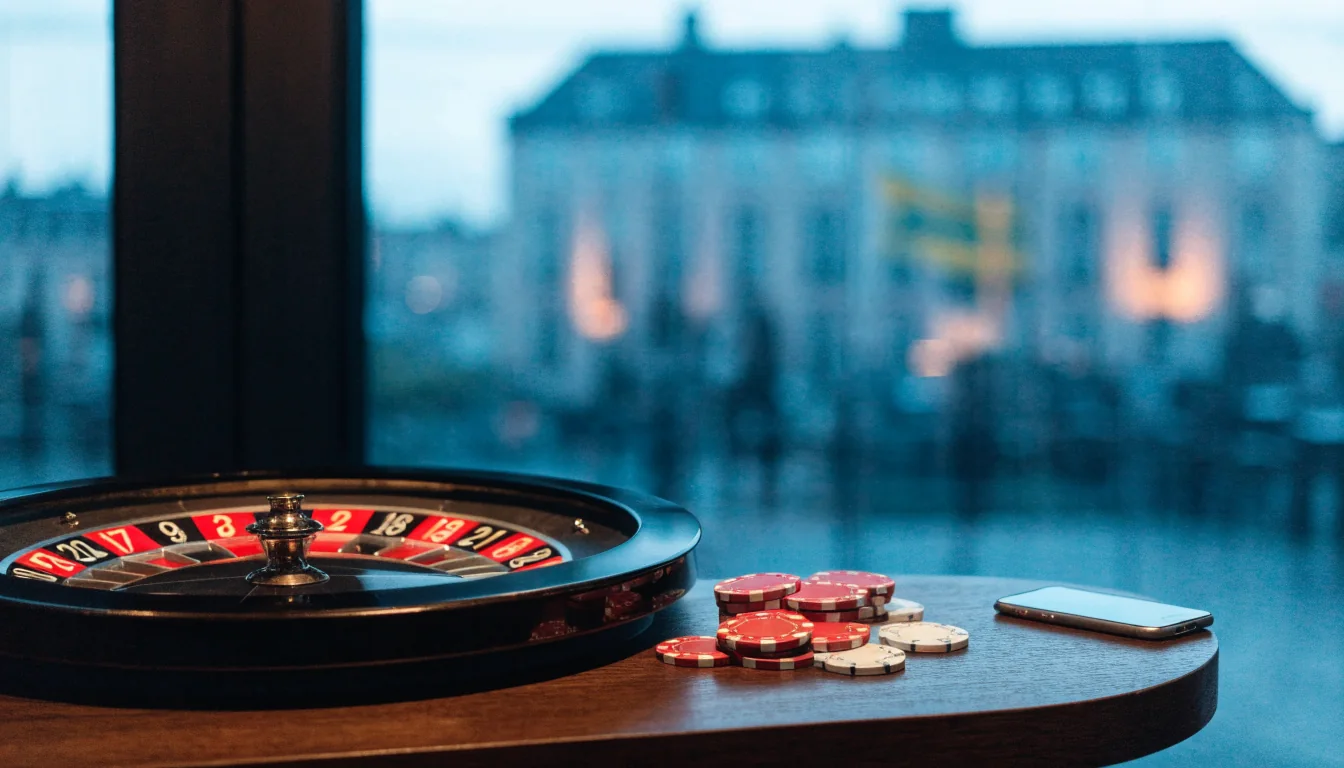 Ett roulettebord med marker och en mobiltelefon i ett modernt svenskt casinorum