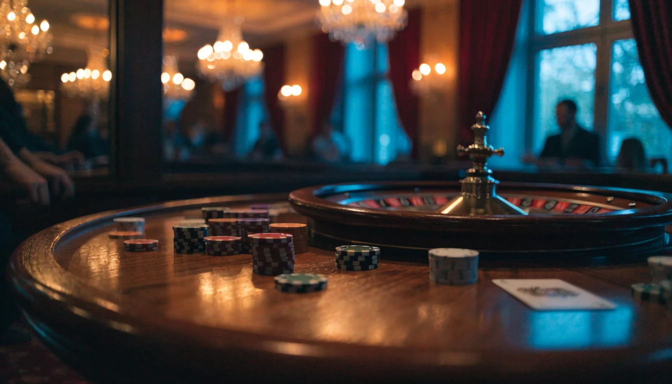 Elegant casinobord med roulettehjul och marker i varm belysning